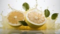 Generated imageFresh pomelo a few slices and a splash of Fresh pomelo juice form a dynamic image against a white background Royalty Free Stock Photo