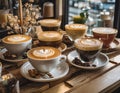 A display case at a coffee shop filled with various latte art designs Royalty Free Stock Photo