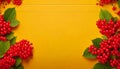 Text Border Design: Red Viburnum on Yellow Table Royalty Free Stock Photo