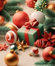 3d Christmas present and ornaments. Generative AI Royalty Free Stock Photo