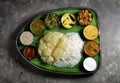 Traditional South Indian Vegetarian Meal Served on a Banana Leaf Thali Royalty Free Stock Photo