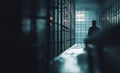 A man sitting at the end of a dark jail cell. Generative AI Royalty Free Stock Photo