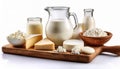 Milk dairy product composition. Group of dairy milk products ingredients on wood board isolated Royalty Free Stock Photo