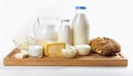 Milk dairy product composition. Group of dairy milk products ingredients on wood board isolated Royalty Free Stock Photo
