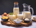 Milk dairy product composition. Group of dairy milk products ingredients on wood board isolated Royalty Free Stock Photo
