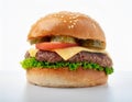 Juicy burger. Big and Juicy cheese burger on a white background Royalty Free Stock Photo