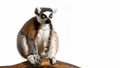 Sitting lemur on a wooden branch isolated on white background. Royalty Free Stock Photo