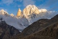 Golden Dawn at Lady Finger Peak (Bublimotin), captured from Duikar Viewpoint in Hunza Valley, Pakistan. Royalty Free Stock Photo