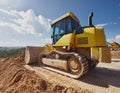 Yellow excavator on a construction site against blue sky Royalty Free Stock Photo