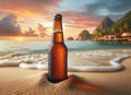 Beer on tropical beach, Bottle of ice cold dark stout, muckup ready place label Royalty Free Stock Photo