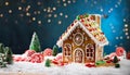Gingerbread house in christmas landscape surrounded by candy canes and sweets Royalty Free Stock Photo
