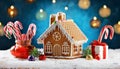 Gingerbread house in christmas landscape surrounded by candy canes and sweets Royalty Free Stock Photo