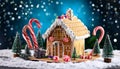 Gingerbread house in christmas landscape surrounded by candy canes and sweets Royalty Free Stock Photo
