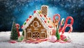 Gingerbread house in christmas landscape surrounded by candy canes and sweets Royalty Free Stock Photo