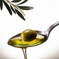 Olive oil over spoon with branch and olive Royalty Free Stock Photo