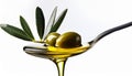 Olive oil over spoon with branch and olive Royalty Free Stock Photo