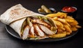 Shawarma wrap with chicken, fries and pickles Royalty Free Stock Photo