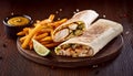 Shawarma wrap with chicken, fries and pickles Royalty Free Stock Photo