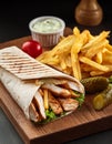 Shawarma wrap with chicken, fries and pickles Royalty Free Stock Photo