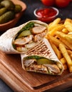 Shawarma wrap with chicken, fries and pickles Royalty Free Stock Photo