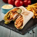 Shawarma wrap with chicken, fries and pickles Royalty Free Stock Photo