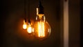 The warm glow of an Edison bulb hanging in the dark. Royalty Free Stock Photo