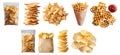 3 set potato fry fries chips, Criss cut waffle, Potato chip, Tortilla corn nacho, in stack pile, packet wrap on transparent PNG Royalty Free Stock Photo