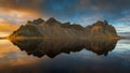 Vestrahorn mountain reflection and stokksnes beach at sunset Royalty Free Stock Photo
