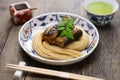 Yakisaba somen is made by simmering grilled mackerel and mixing it with somen noodles. Royalty Free Stock Photo