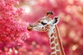 A curious baby giraffe stretching its neck to sniff pink bougainvillea flowers Royalty Free Stock Photo