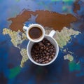 Coffee Beans World Drink. Coffee with beans and a world map Royalty Free Stock Photo