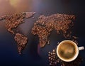 Coffee Beans World Drink. Coffee with beans and a world map Royalty Free Stock Photo