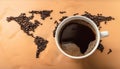 Coffee Beans World Drink. Coffee with beans and a world map Royalty Free Stock Photo