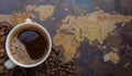 Coffee Beans World Drink. Coffee with beans and a world map Royalty Free Stock Photo