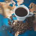 Coffee Beans World Drink. Coffee with beans and a world map Royalty Free Stock Photo