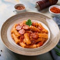 Rigatoni Pasta with Sausage. Italian Rigatoni Pasta Dish with Spicy Italian sausage. Royalty Free Stock Photo