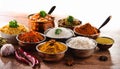 Assorted Indian recipes food various with spices and rice on wooden table Royalty Free Stock Photo