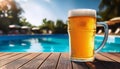 Beer-shot. A beer at the pool. Royalty Free Stock Photo