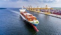 Container ship in port terminal - huge freighter fully loaded Royalty Free Stock Photo