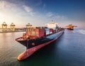 Container ship in port terminal - huge freighter fully loaded Royalty Free Stock Photo