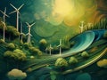 AI Generated Carbon Free Wind Turbines on Swirly Green Landscape Royalty Free Stock Photo