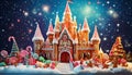 An elaborate gingerbread castle adorned with colorful gumdrops, candy canes, and icing details. Royalty Free Stock Photo