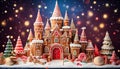 An elaborate gingerbread castle adorned with colorful gumdrops, candy canes, and icing details. Royalty Free Stock Photo