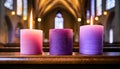 Advent Candles In Church - Three Purple And One Pink As A Catholic Symbol And Bokeh Lights Royalty Free Stock Photo