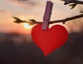 Red heart made of paper hanging on clothespin on tree branch on backdrop of sunset sky Royalty Free Stock Photo