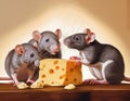 A group of rats gnawing on a piece of cheese. Royalty Free Stock Photo