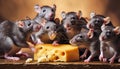 A group of rats gnawing on a piece of cheese. Royalty Free Stock Photo