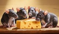 A group of rats gnawing on a piece of cheese. Royalty Free Stock Photo