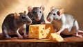 A group of rats gnawing on a piece of cheese. Royalty Free Stock Photo