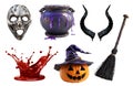 set of halloween horror, cauldron, blood , Jack O Lantern pumpkin, demon devil horn, mask, broomstick on transparent PNG Royalty Free Stock Photo